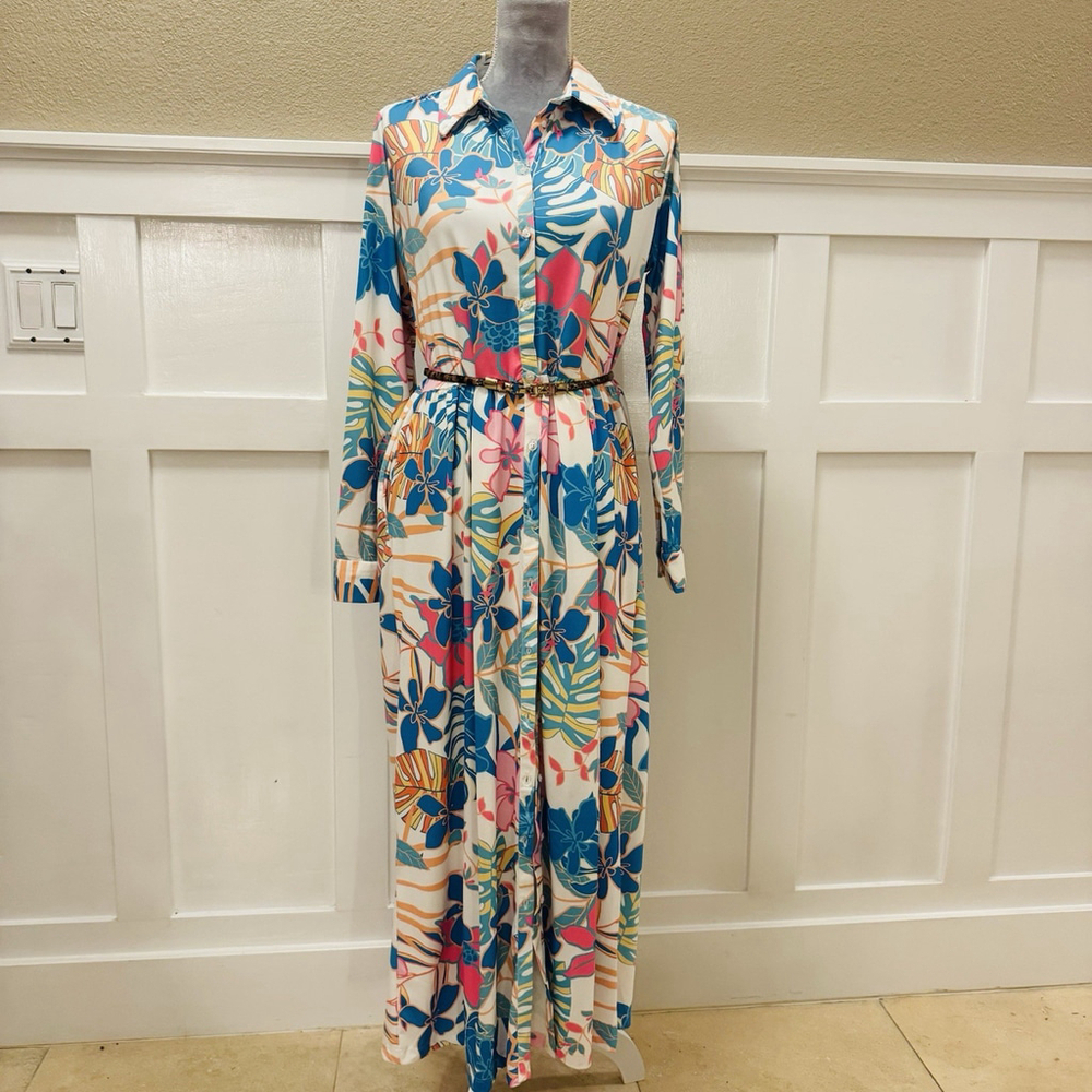 NWT Tolani Blue Tropica Maxi Dress Size:S Pocket Floral Button Front Long Sleeve